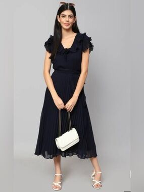 NWT Amagyaa Navy Blue Pleated Ruffle Midi Dress XL Belted MSRP $99.99